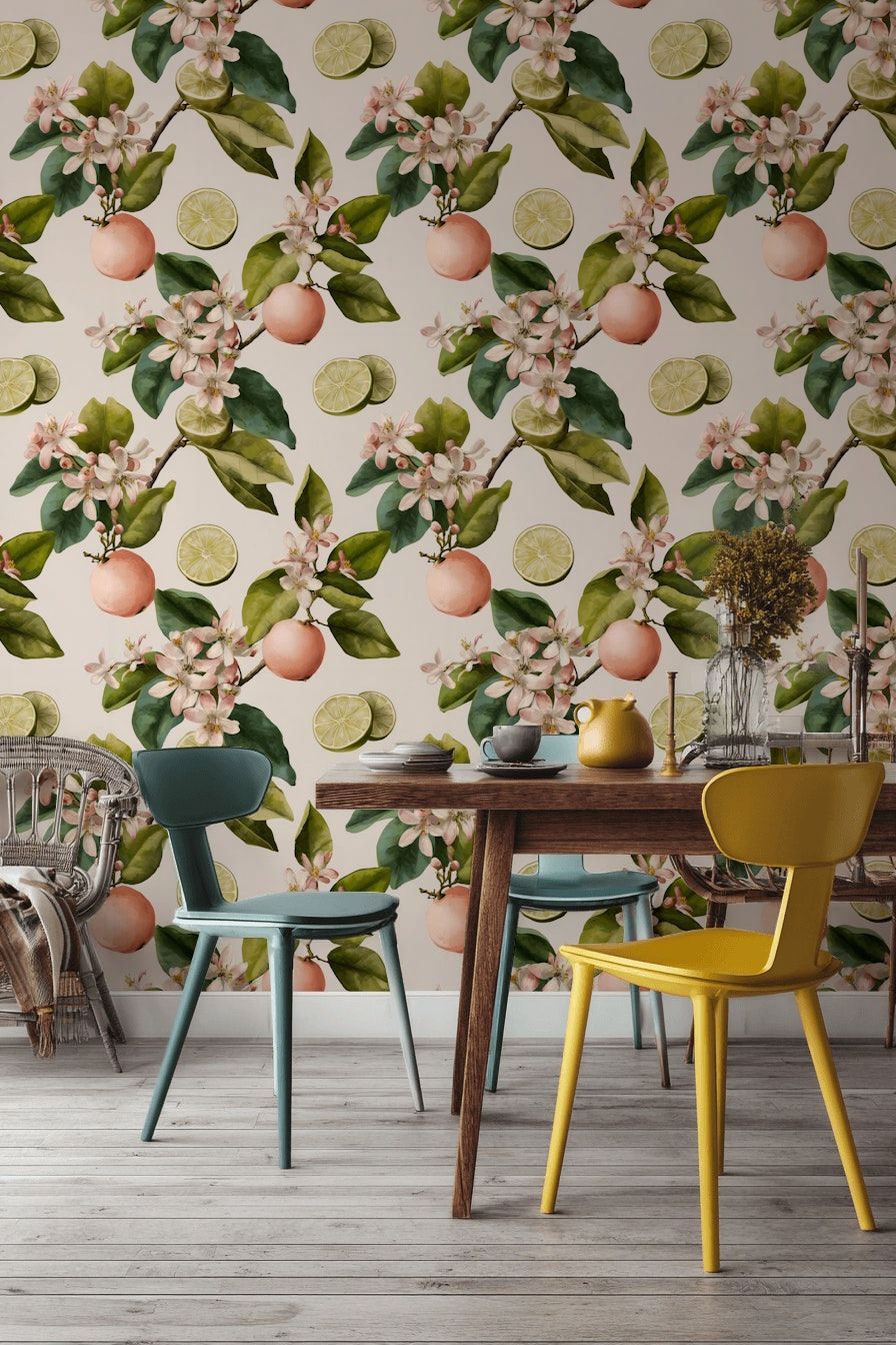 Cream and Green Citrus Blossom Wallpaper