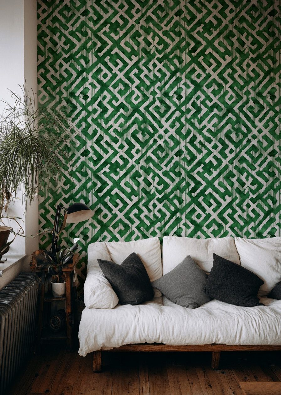 Emerald Green Geometric Maze Wallpaper