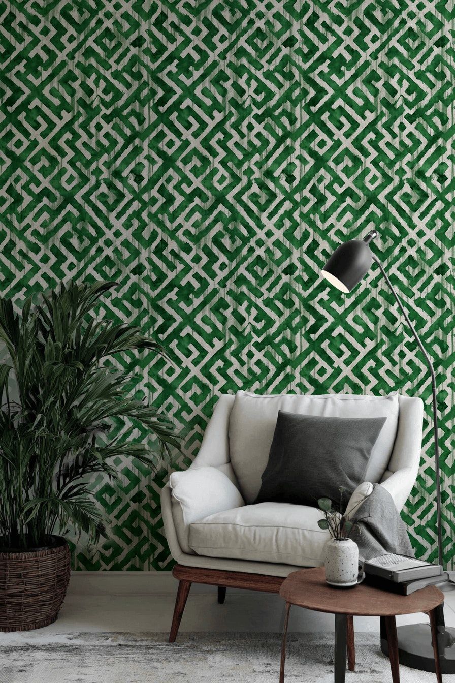 Geometric Green Wallpaper Watercolor Modern Wall Mural