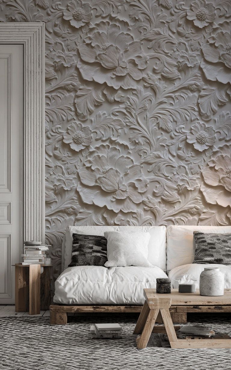 3D Floral Embossed Wallpaper White Wall Mural