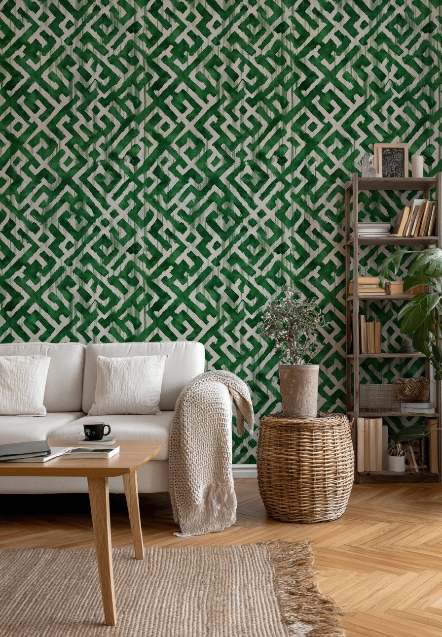 Geometric Green Wallpaper Watercolor Modern Wall Mural