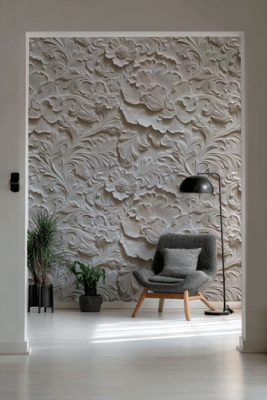 3D Floral Embossed Wallpaper White Wall Mural