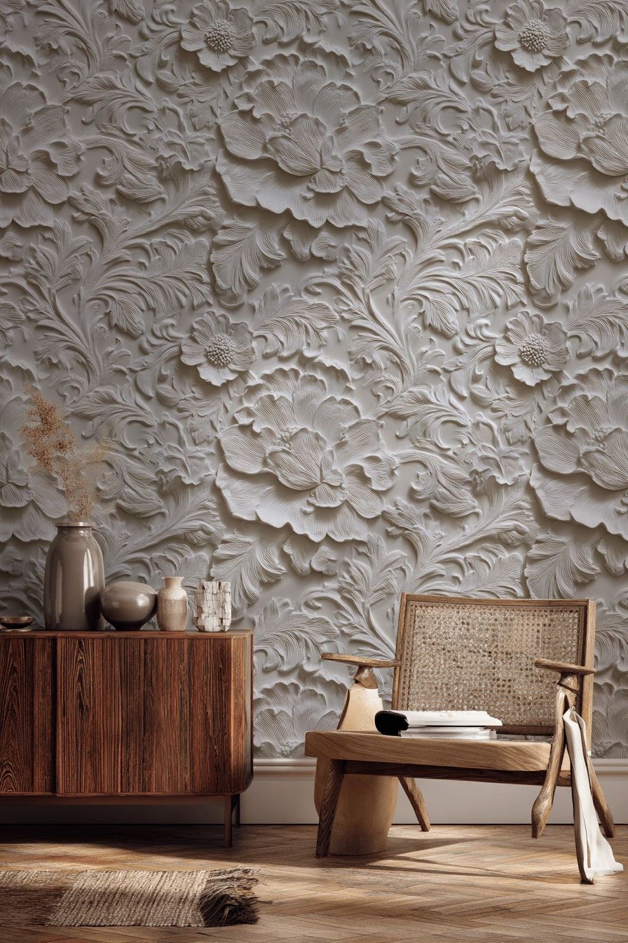 3D Floral Embossed Wallpaper White Wall Mural