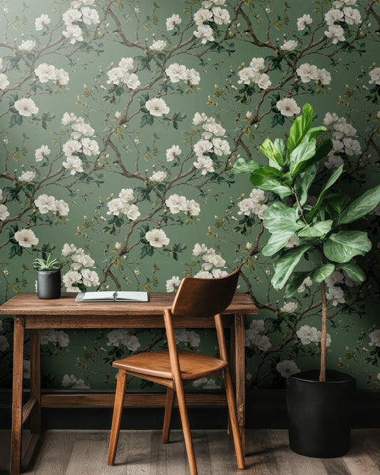 Botanical Floral Wallpaper Green Vintage Wall Mural