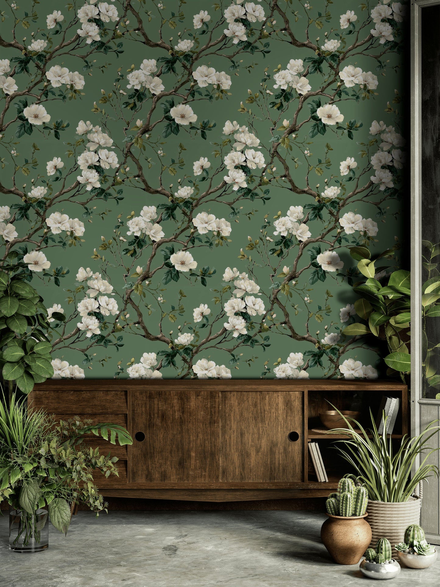 Botanical Floral Wallpaper Green Vintage Wall Mural