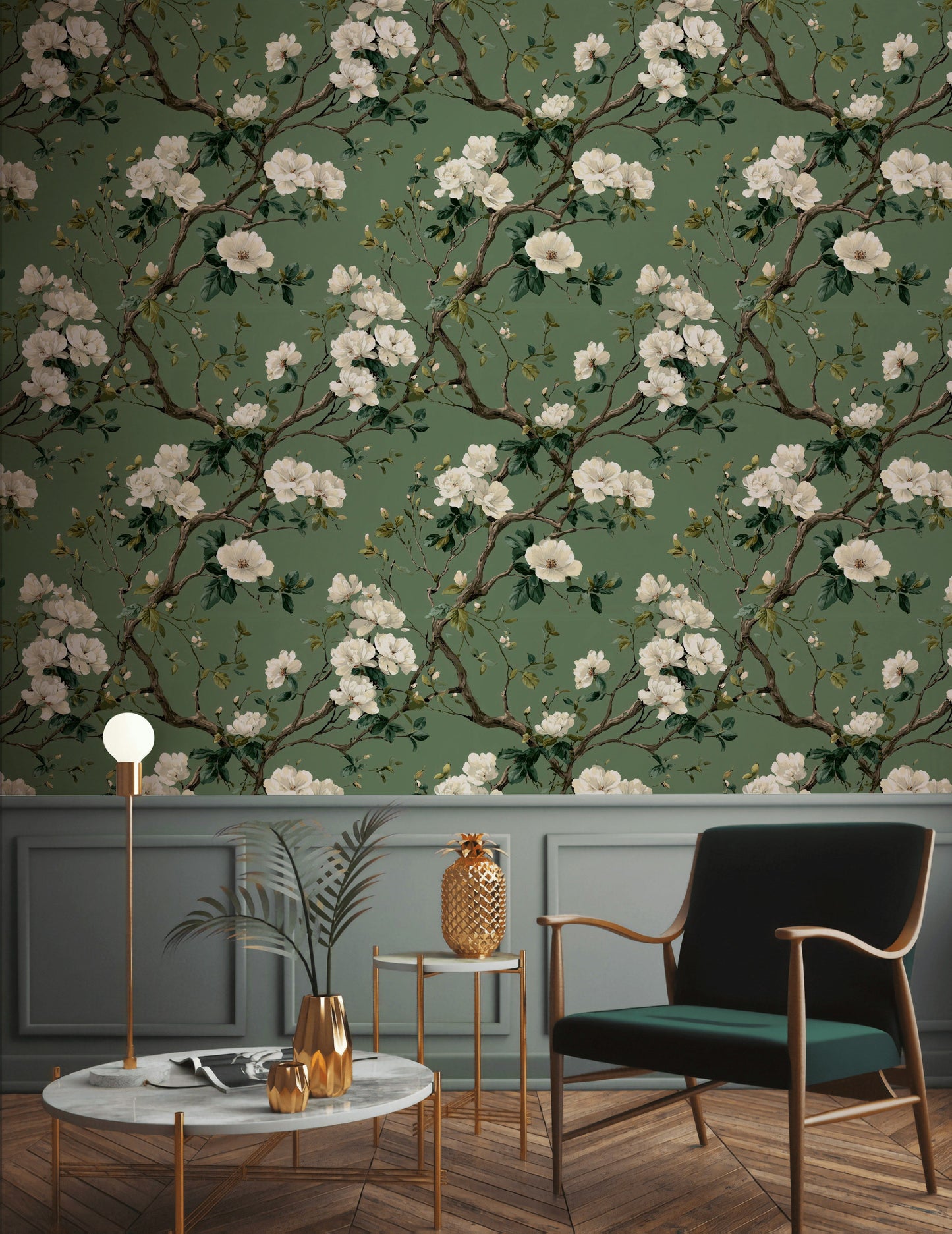 Botanical Floral Wallpaper Green Vintage Wall Mural