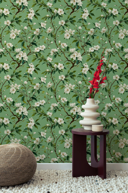 Sage Green Cherry Blossom Floral Wallpaper