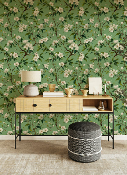 Sage Green Cherry Blossom Floral Wallpaper