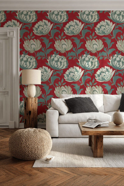 Crimson Red with Teal Large Floral Wallpaper
