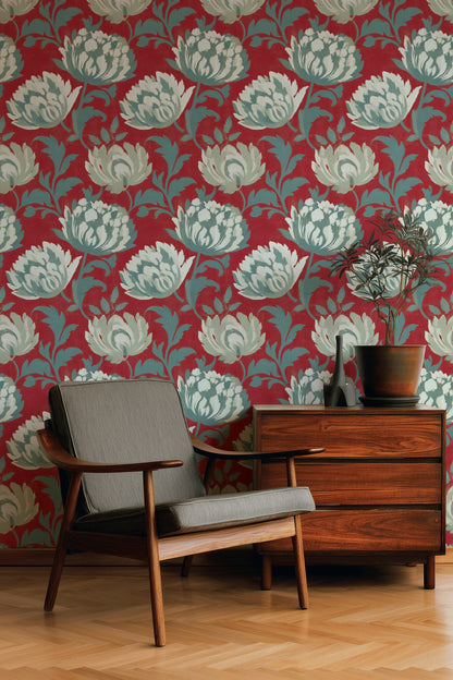 Crimson Red with Teal Large Floral Wallpaper