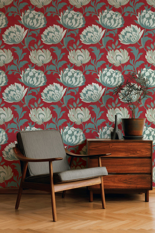 Bold Floral Wallpaper Red Background Large Blossom Wall Mural