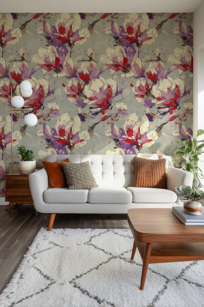 Bold Red and Purple Magnolia Floral Wallpaper