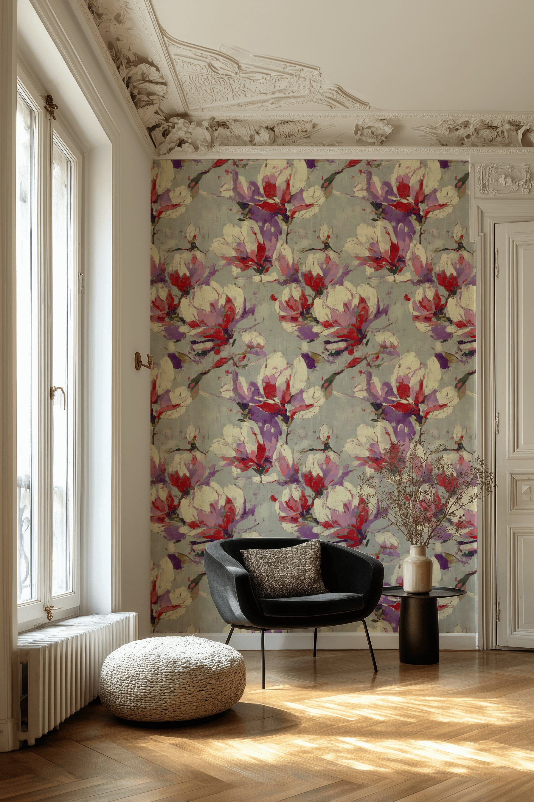 Bold Red and Purple Magnolia Floral Wallpaper