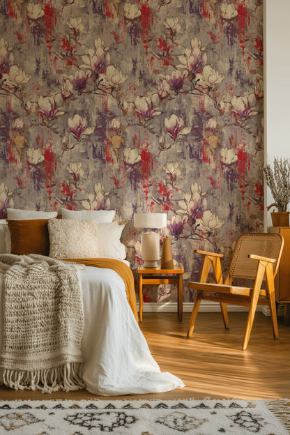 Neutral Gray and Red Magnolia Floral Wallpaper
