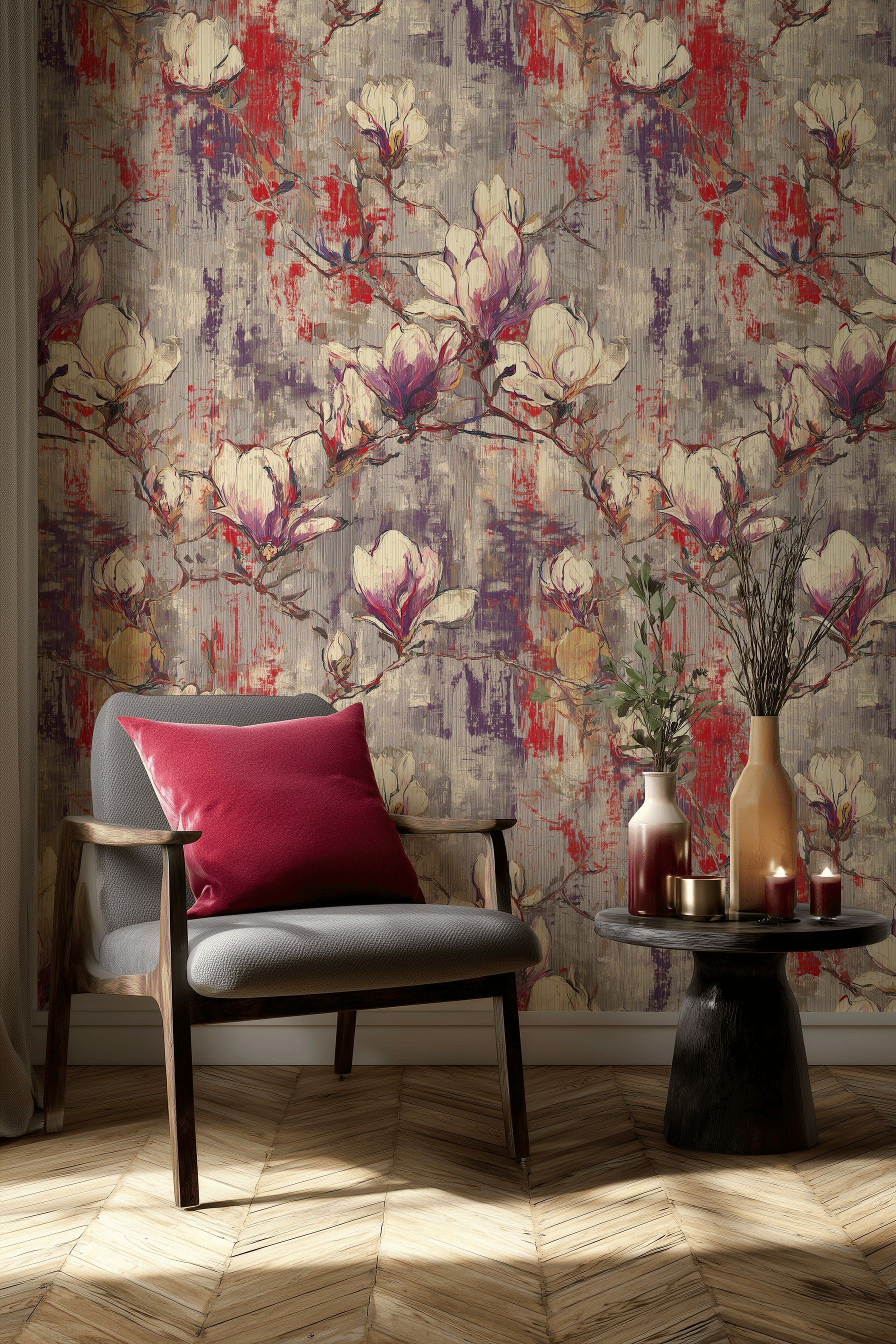 Neutral Gray and Red Magnolia Floral Wallpaper