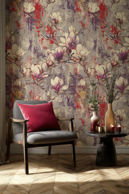 Neutral Gray and Red Magnolia Floral Wallpaper