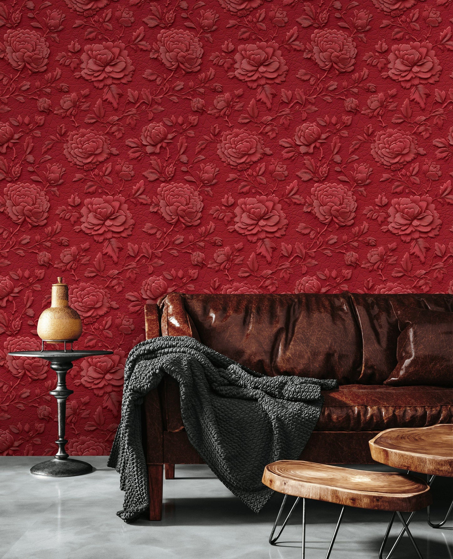 Crimson Embossed Floral Wallpaper Ornate Wall Mural