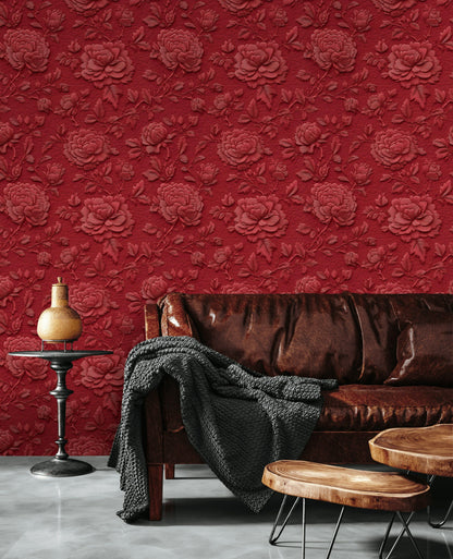 Rich Burgundy Embossed Floral Wallpaper