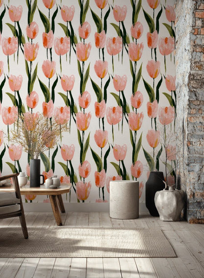 Cream and Pink Tulip Floral Wallpaper