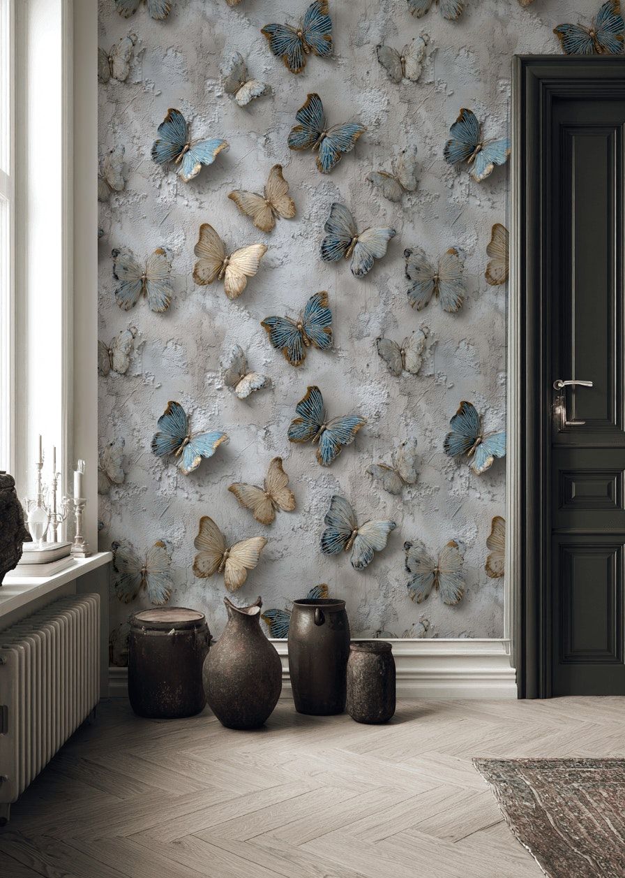 Textured Gray and Blue Butterfly Wallpaper