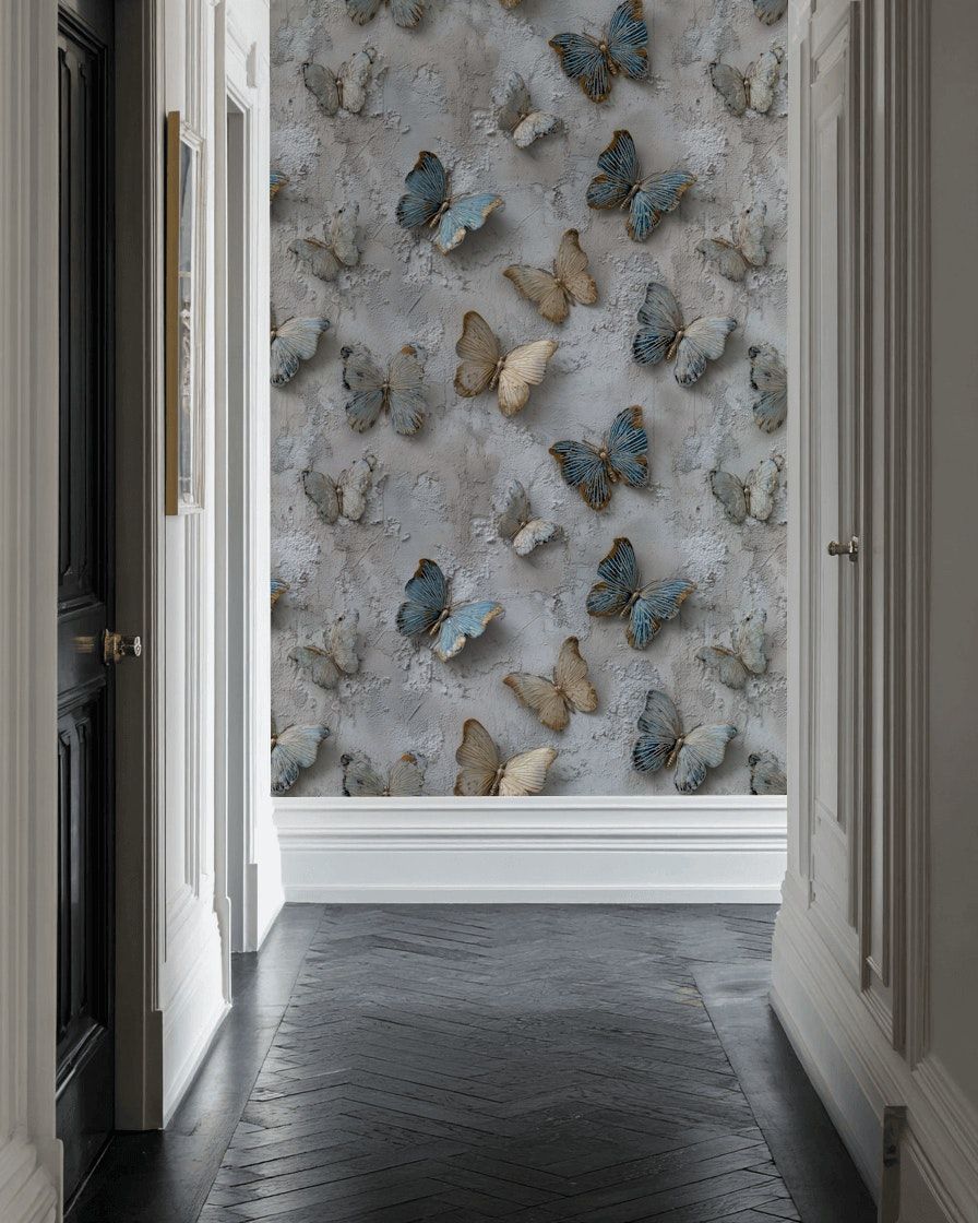 Textured Gray and Blue Butterfly Wallpaper