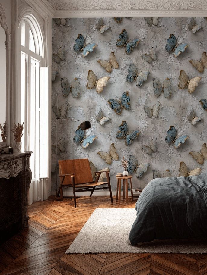 Textured Gray and Blue Butterfly Wallpaper