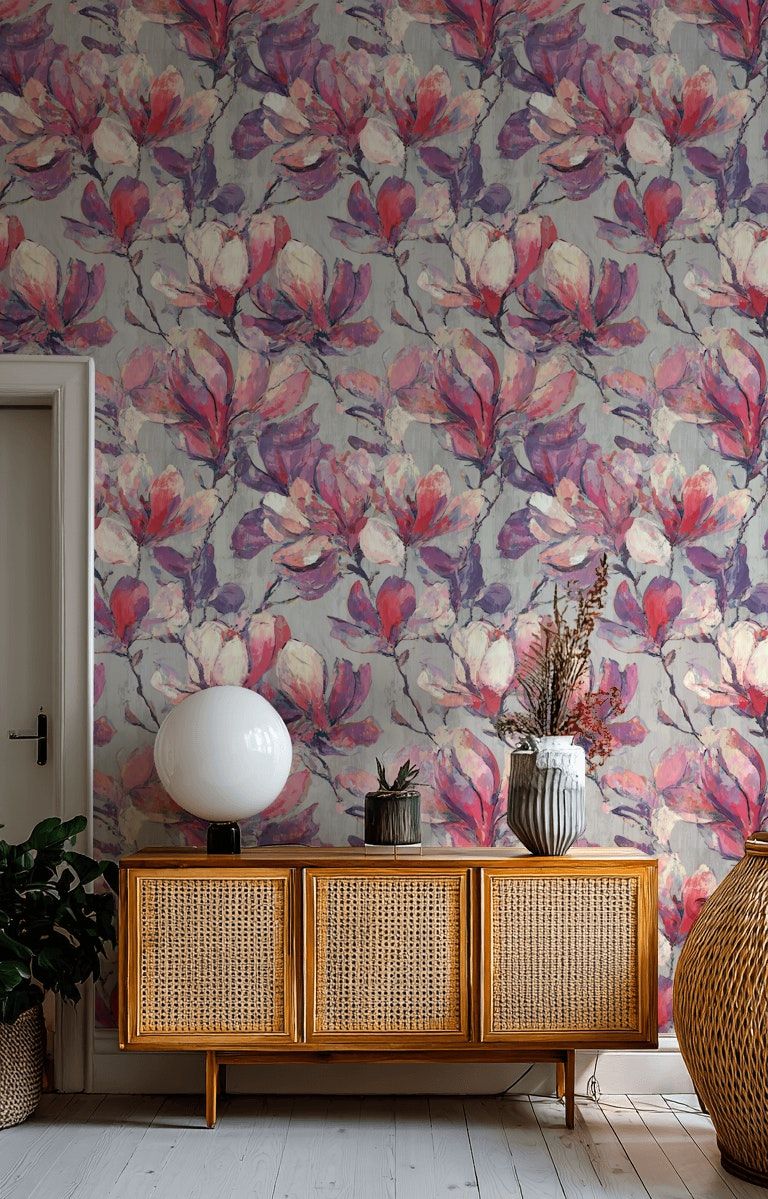Vibrant Purple and Pink Magnolia Floral Wallpaper
