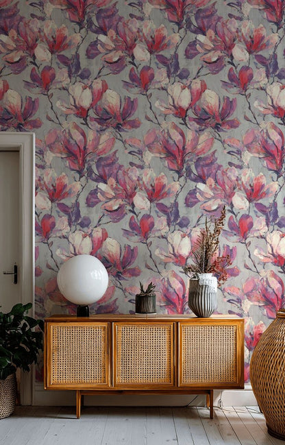 Vibrant Purple and Pink Magnolia Floral Wallpaper