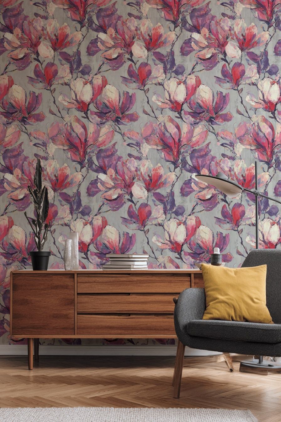 Vibrant Purple and Pink Magnolia Floral Wallpaper