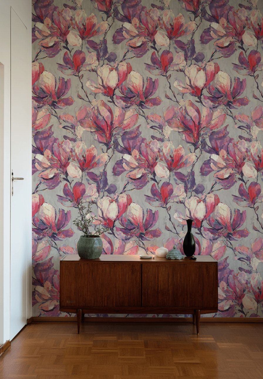 Vibrant Purple and Pink Magnolia Floral Wallpaper