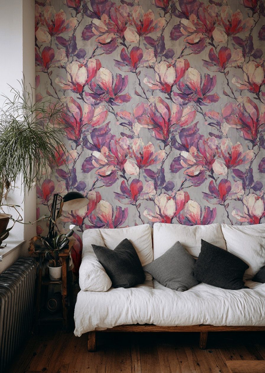 Vibrant Purple and Pink Magnolia Floral Wallpaper