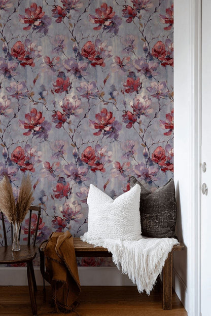 Muted Gray and Red Large Floral Wallpaper