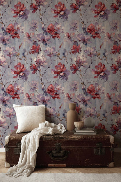 Muted Gray and Red Large Floral Wallpaper