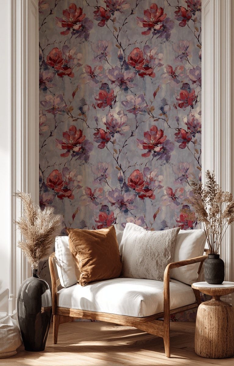 Muted Gray and Red Large Floral Wallpaper