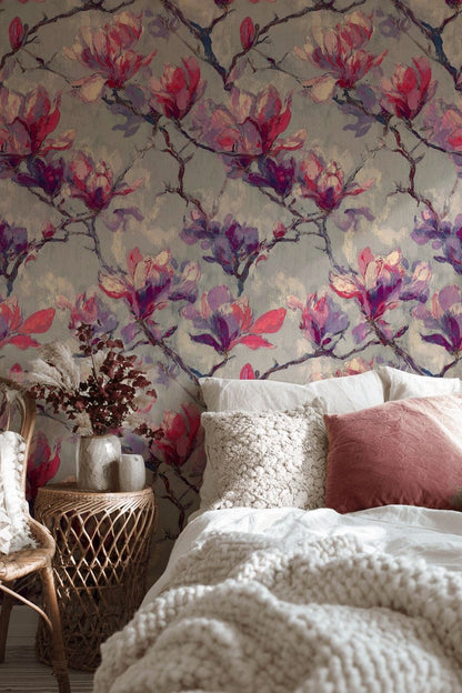Dusky Pink Magnolia Floral Wallpaper
