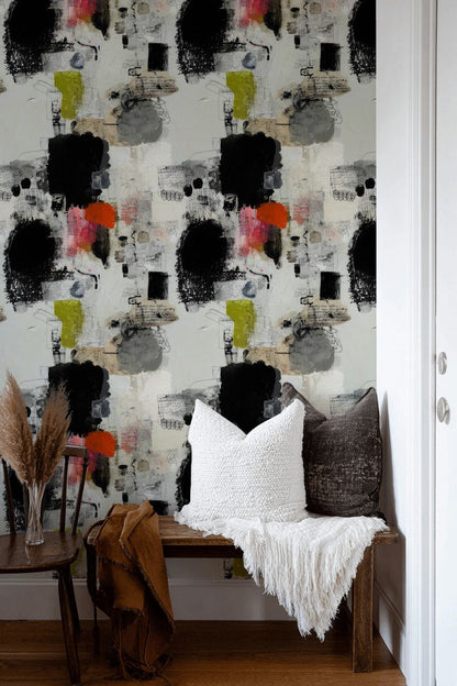 Cream and Black Abstract Mid-Century Vibe Wallpaper