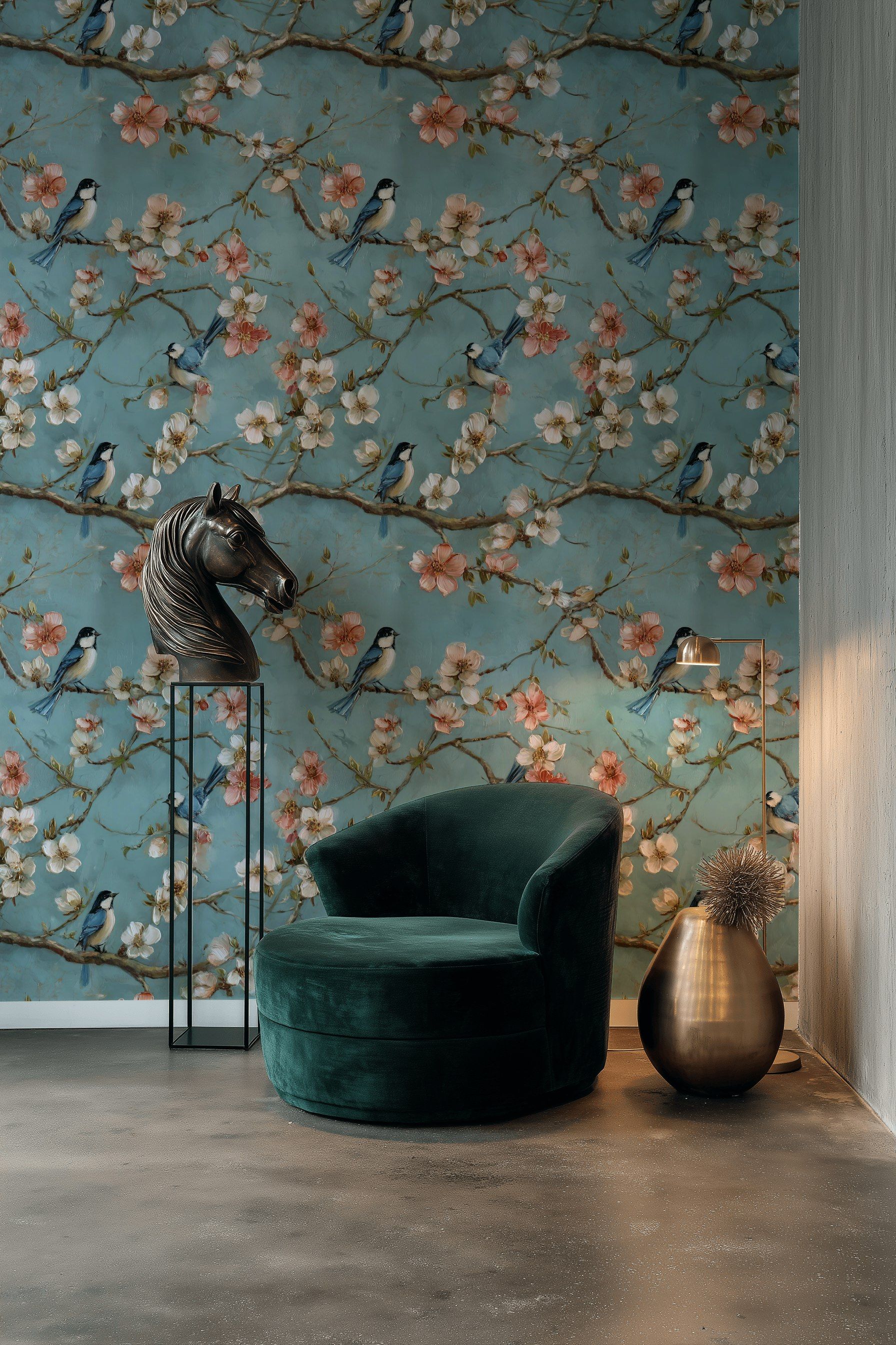 Pastel Blue Cherry Blossom Bird Wallpaper