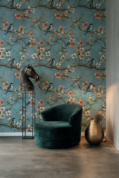 Pastel Blue Cherry Blossom Bird Wallpaper