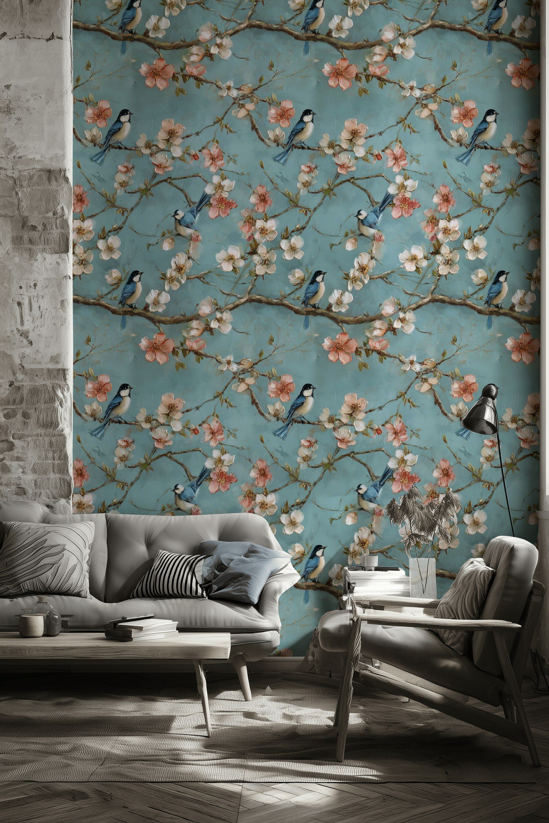 Pastel Blue Cherry Blossom Bird Wallpaper