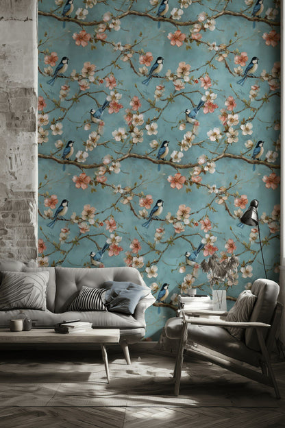 Pastel Blue Cherry Blossom Bird Wallpaper