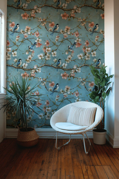 Pastel Blue Cherry Blossom Bird Wallpaper
