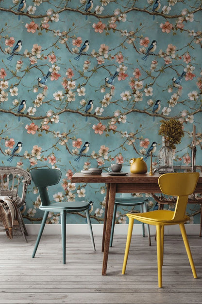 Pastel Blue Cherry Blossom Bird Wallpaper