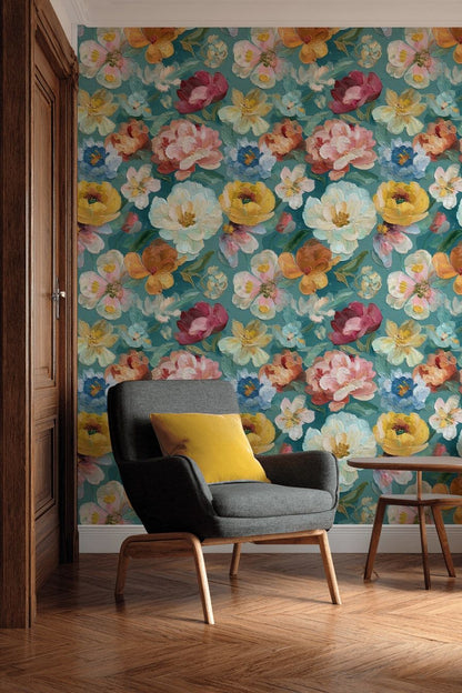 Teal Blue Multicolor Floral Pattern Wallpaper