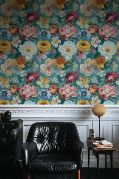Teal Blue Multicolor Floral Pattern Wallpaper