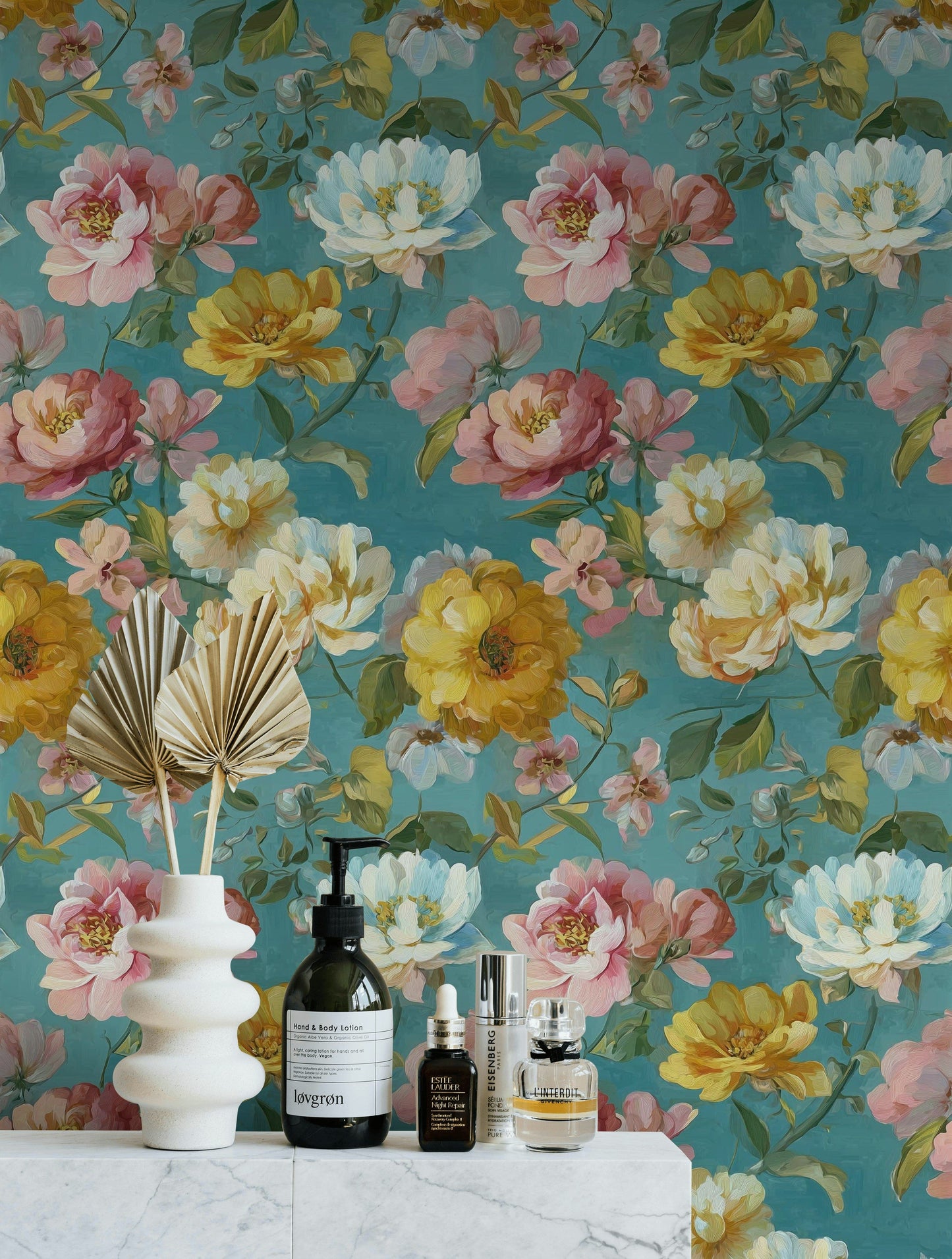 Vintage Floral Wallpaper Teal Background Wall Mural