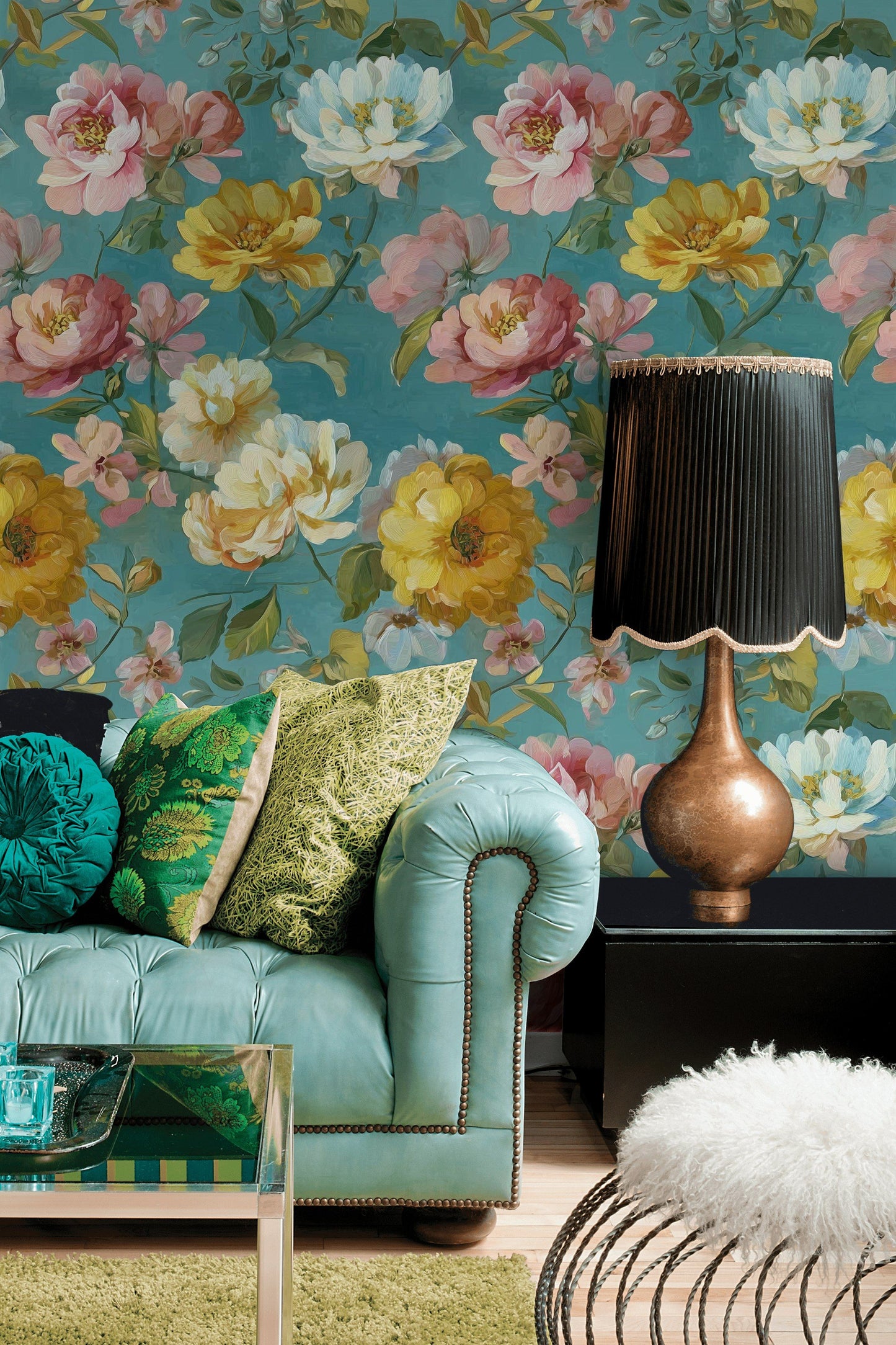 Vintage Floral Wallpaper Teal Background Wall Mural