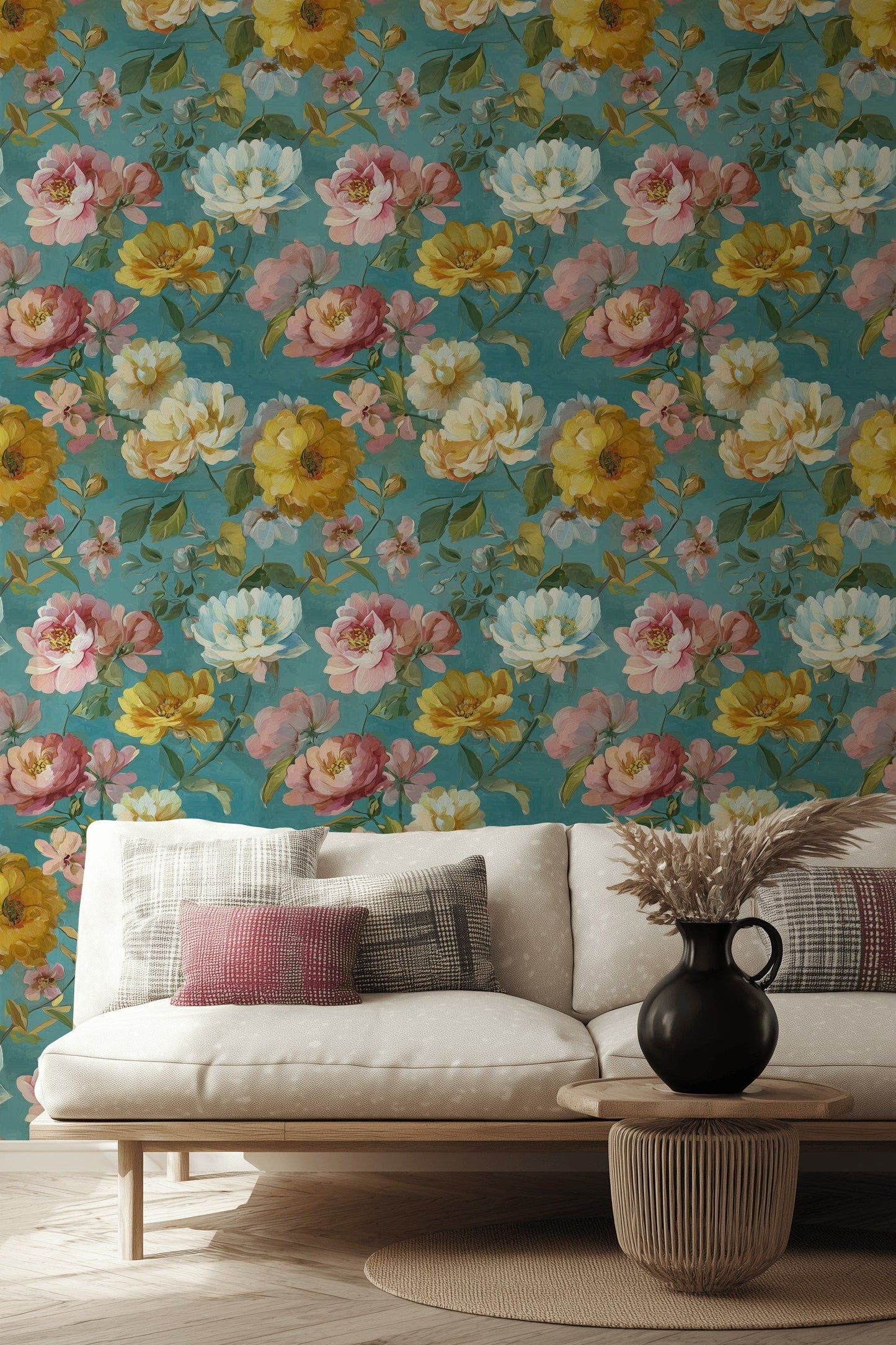 Vintage Floral Wallpaper Teal Background Wall Mural