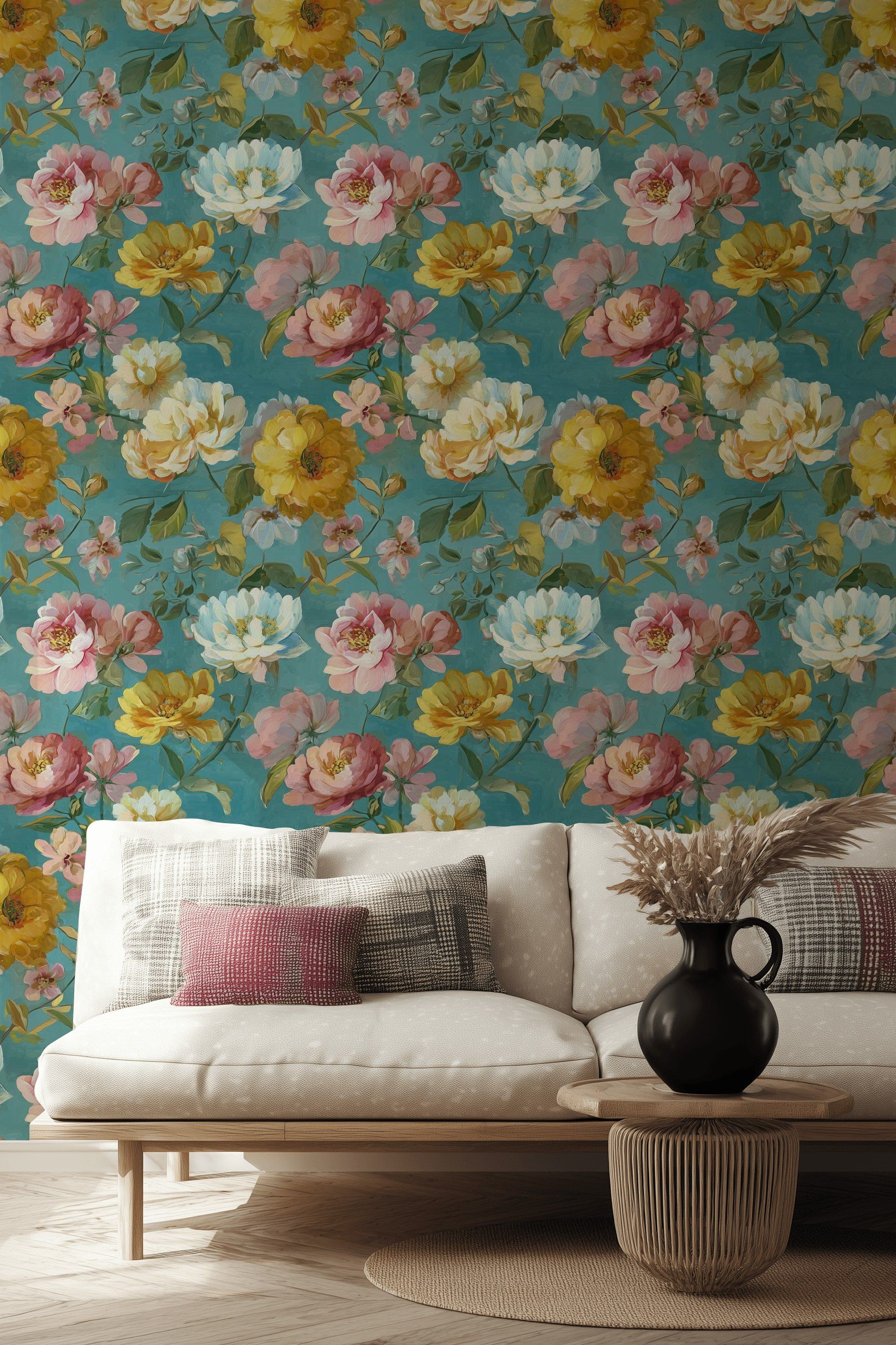 Turquoise Multicolor Large Floral Wallpaper