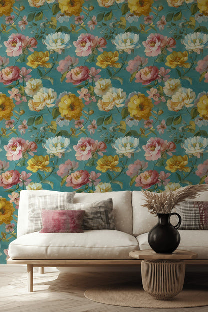 Turquoise Multicolor Large Floral Wallpaper