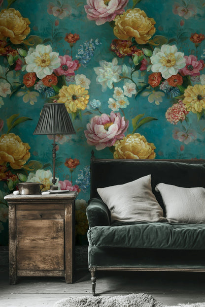 Teal Multicolor Vintage Floral Wallpaper